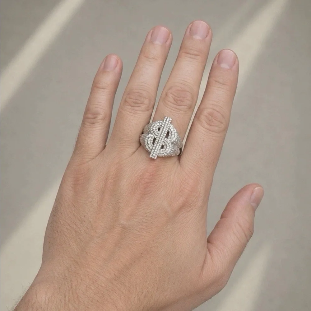 925 Sterling Silver 2.00CT MOISSANITE Dollar Sign Men’s Ring Size 10 or 11